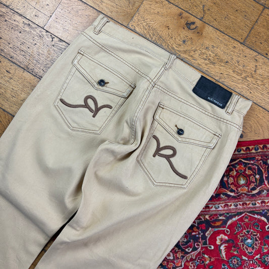 Vintage Rocawear Cream Embroidered Y2K Hip Hop Baggy Jeans - 38