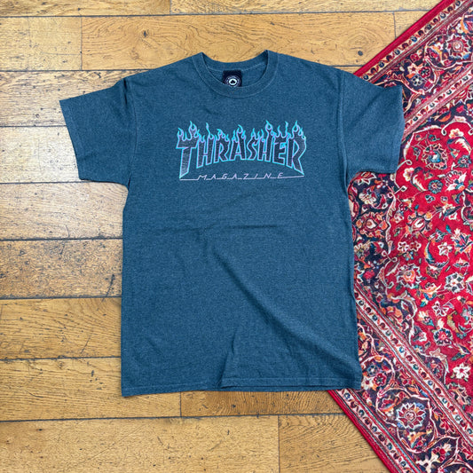 Vintage Thrasher Grey Flames Skate Graphic T-Shirt - XS