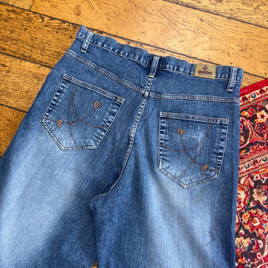 Vintage Webs Blue Embroidered Y2K Hip Hop Baggy Jeans Shorts Jorts - 34