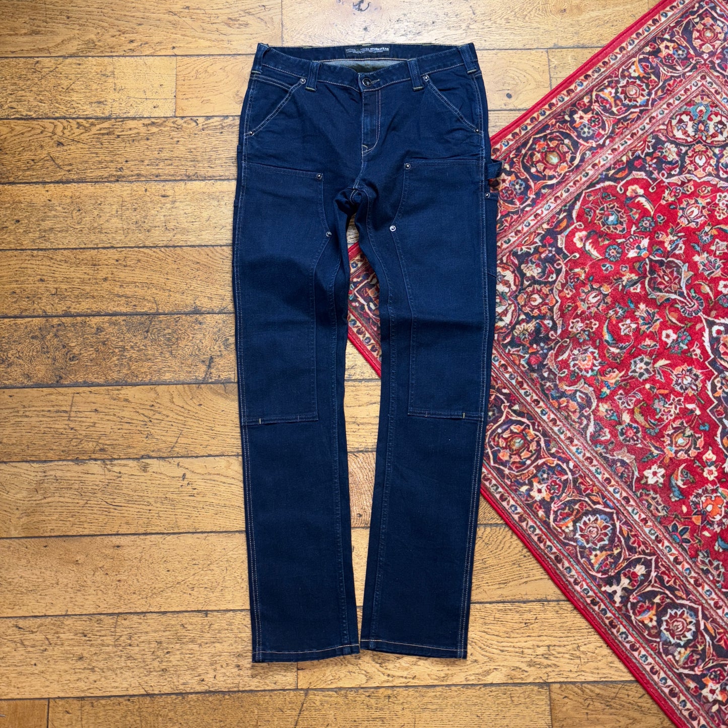 Vintage Navy Blue Slim Double Knee Workwear Jeans - 34L