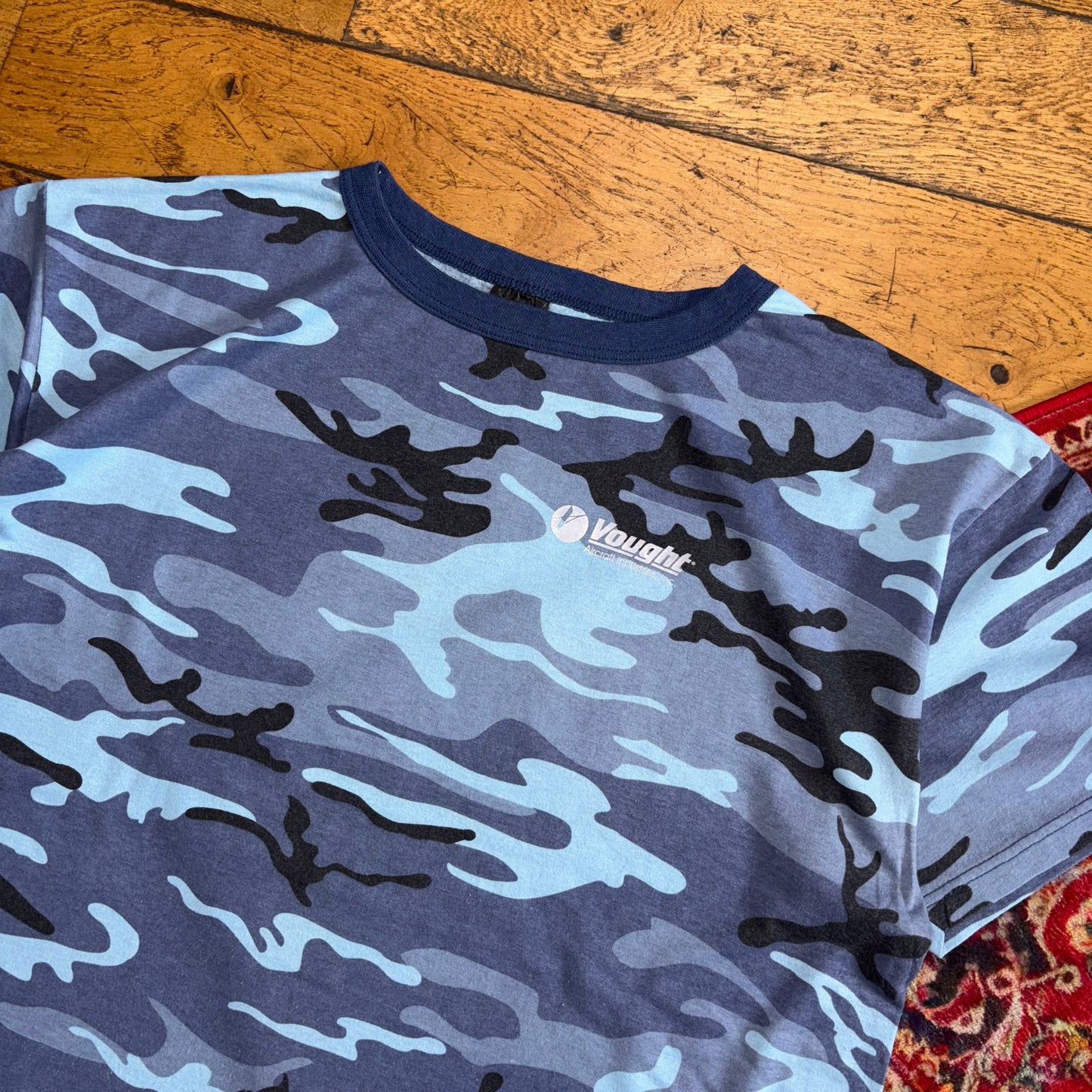 Vintage 90s Blue Camo Plane Single Stitch Graphic T-Shirt - XL