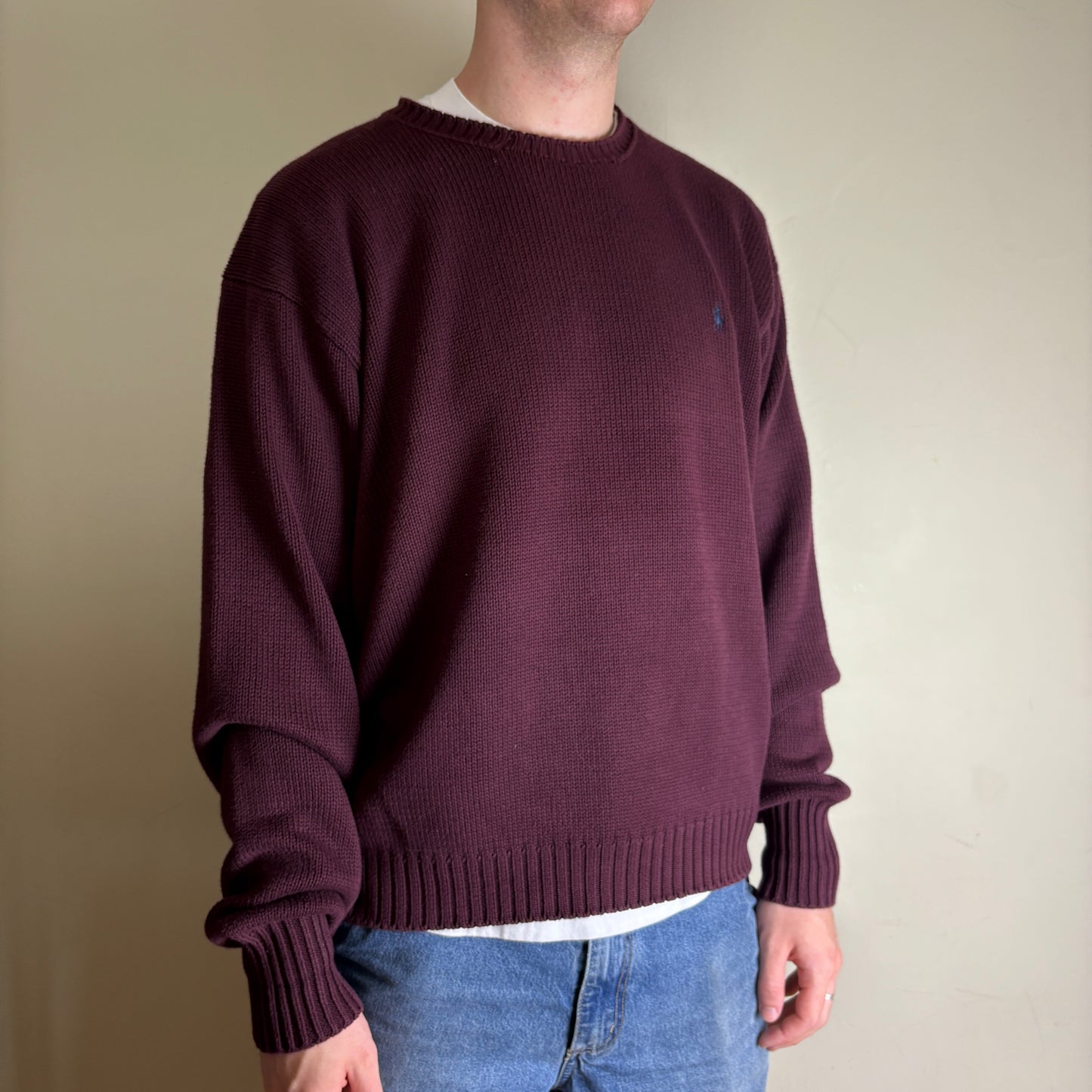 Vintage Ralph Lauren Burgundy Crewneck Chunky Knit Jumper - XL