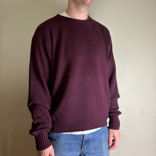 Vintage Ralph Lauren Burgundy Crewneck Chunky Knit Jumper - XL