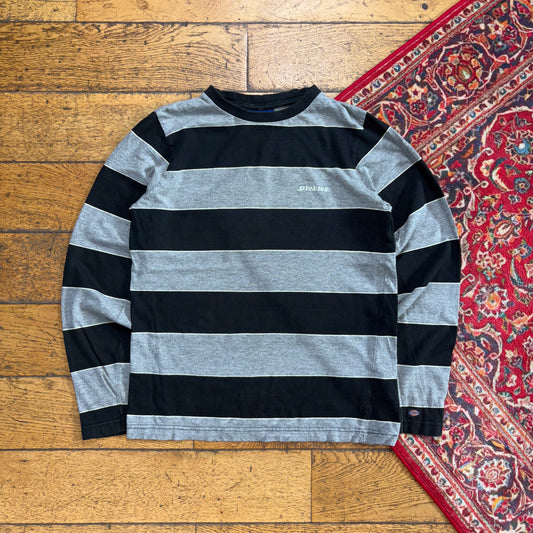 Vintage Dickies Grey Black Long Sleeve Stripe Embroidered T-Shirt - XS