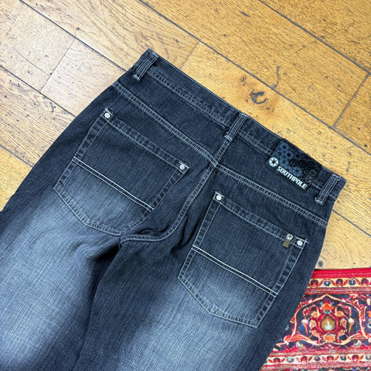 Vintage Southpole Black Embroidered Y2K Hip Hop Baggy Jeans - 36