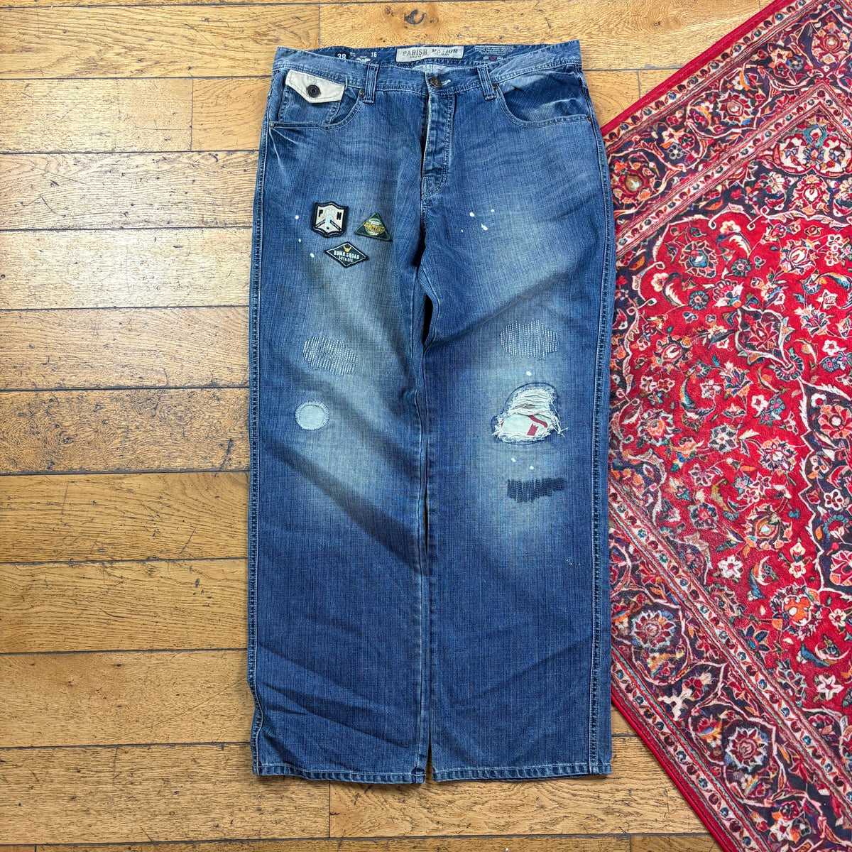 Vintage Blue Embroidered Y2K Hip Hop Baggy Jeans - 38