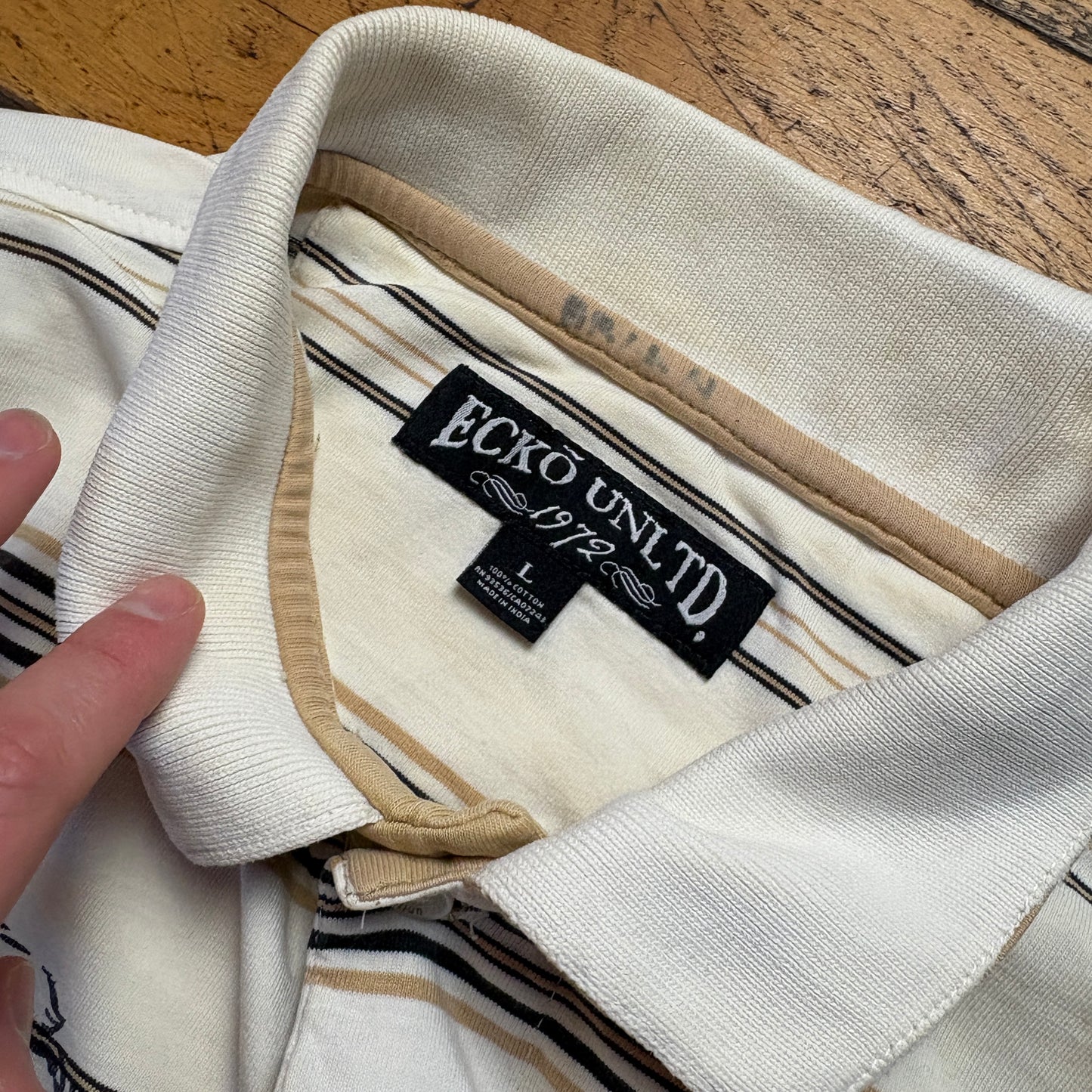 Vintage Ecko Unltd Embroidered Cream Stripe Hip Hop Polo Shirt - S