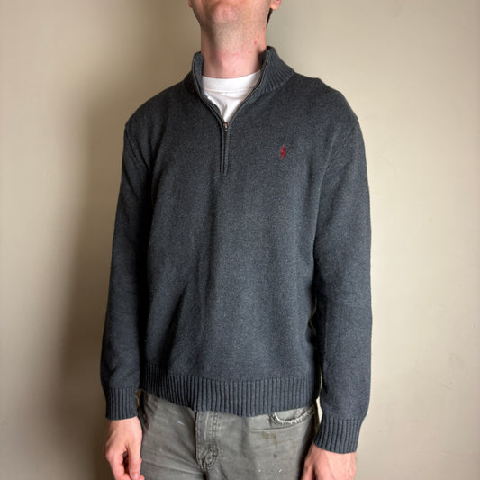 Vintage Ralph Lauren Grey Quarter Zip Chunky Knit Jumper - L