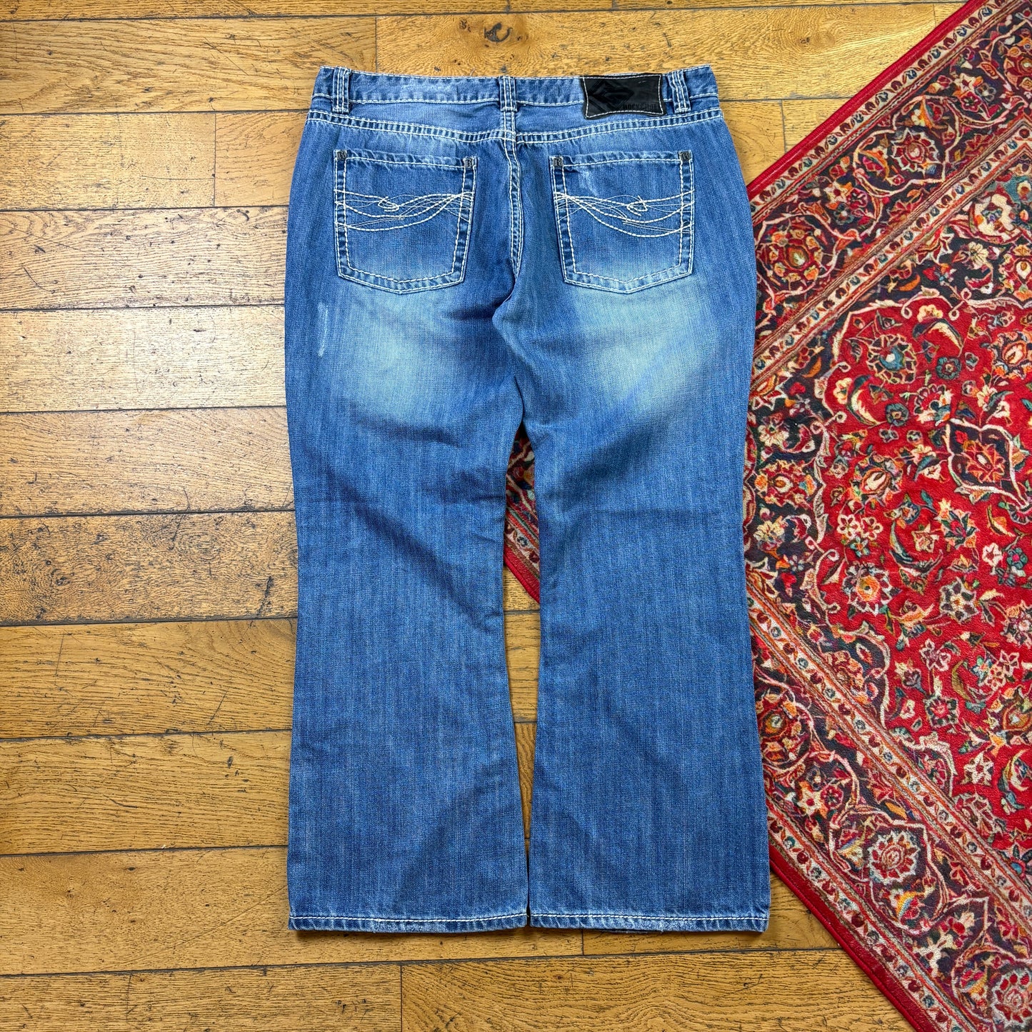 Vintage Bootcut Blue Embroidered Y2K Hip Hop Baggy Jeans - 38