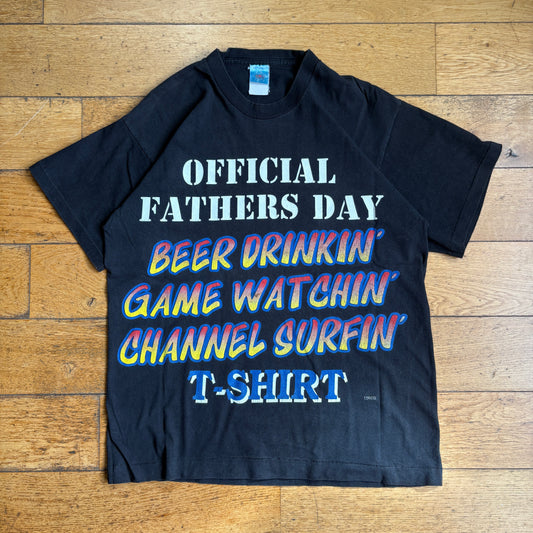 Vintage 90s Funny Fathers Day Slogan Single Stitch Black Graphic T-Shirt - M