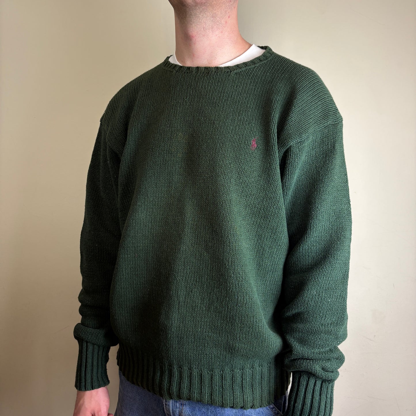 Vintage Ralph Lauren Green Crewneck Knit Embroidered Sweatshirt - XL