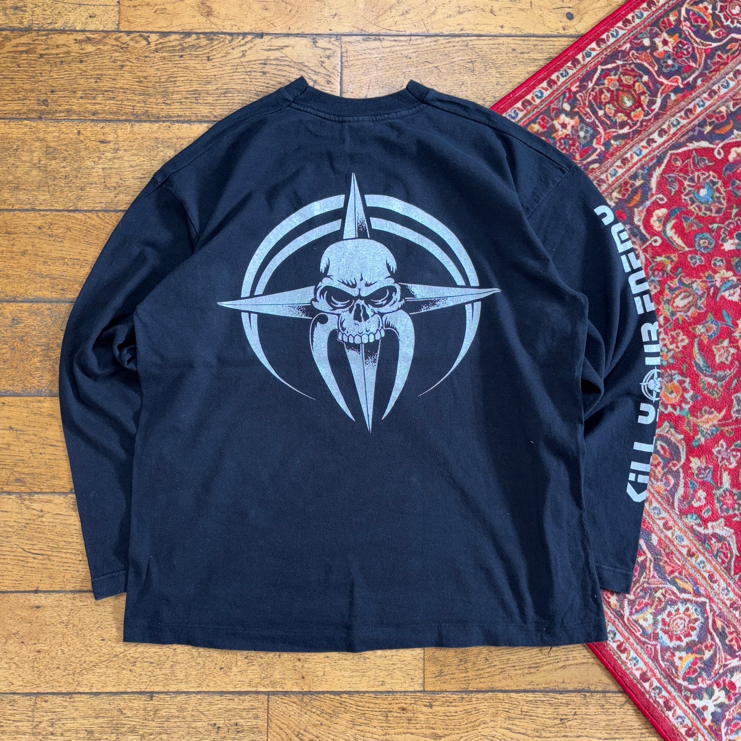 Vintage 1996 Warpath Kill Your Enemy Skull Black Long Sleeve Graphic T-Shirt -XL
