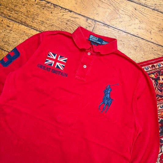 Vintage Ralph Lauren Red Great Britain Embroidered Polo Rugby Shirt - M