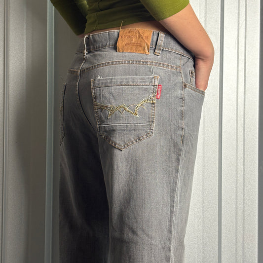 Embroidered Grey Japanese Denim Hip Hop Y2K Baggy Jeans - 34S