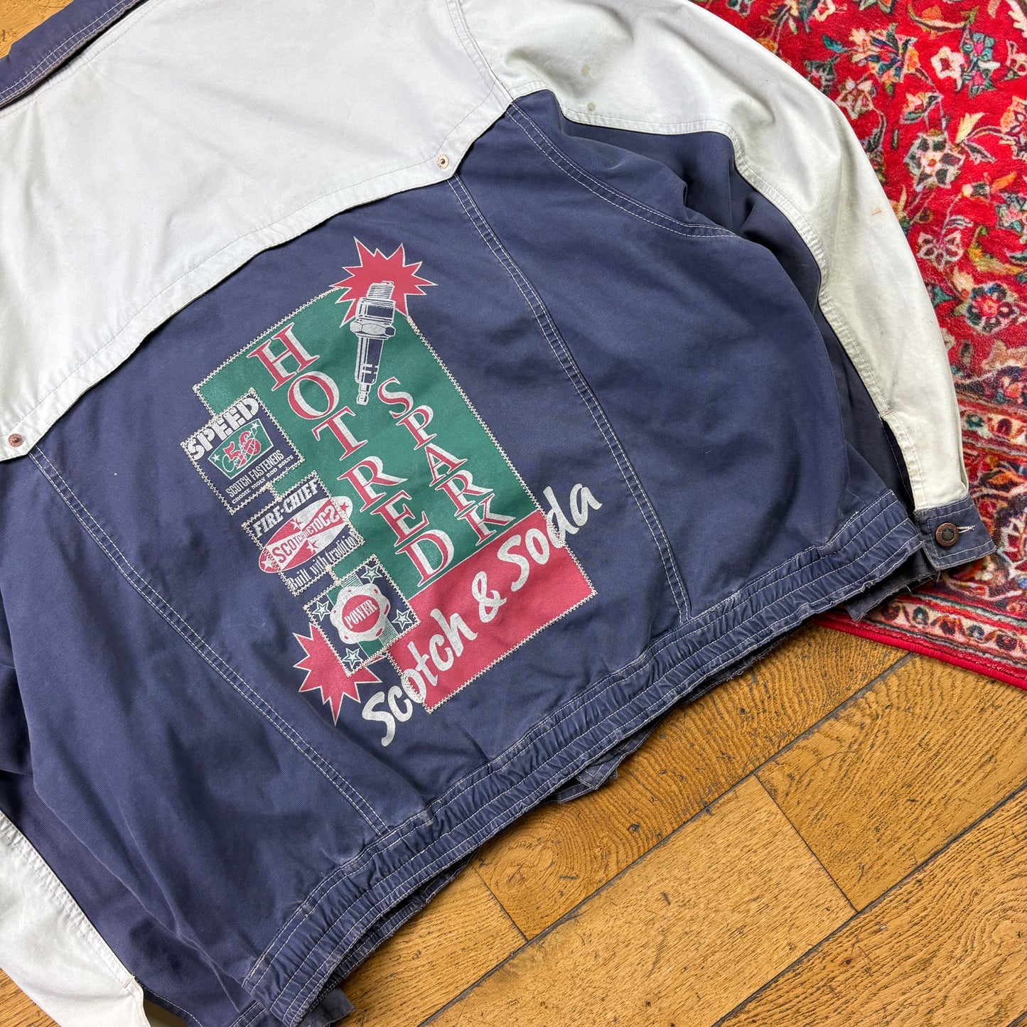 Vintage Trucker Style Cream Blue Workwear Cropped Jacket - XL