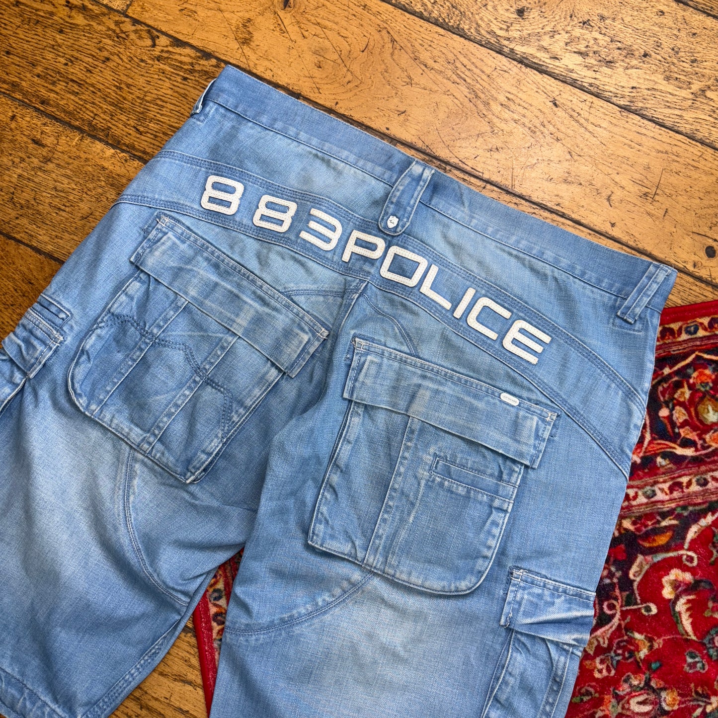 Vintage 883 Police Blue Cargo Embroidered Y2K Hip Hop Jeans Shorts Jorts - 38