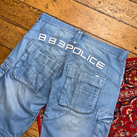 Vintage 883 Police Blue Cargo Embroidered Y2K Hip Hop Jeans Shorts Jorts - 38