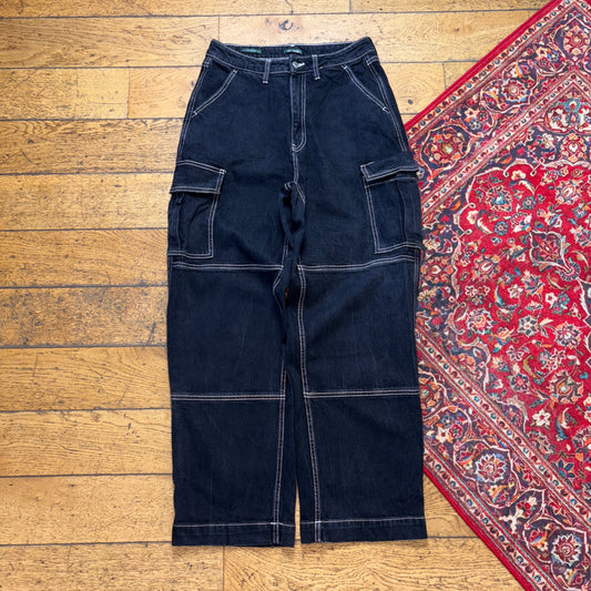 Vintage Black Contrast Stitch Carpenter Workwear Baggy Trousers - 30S