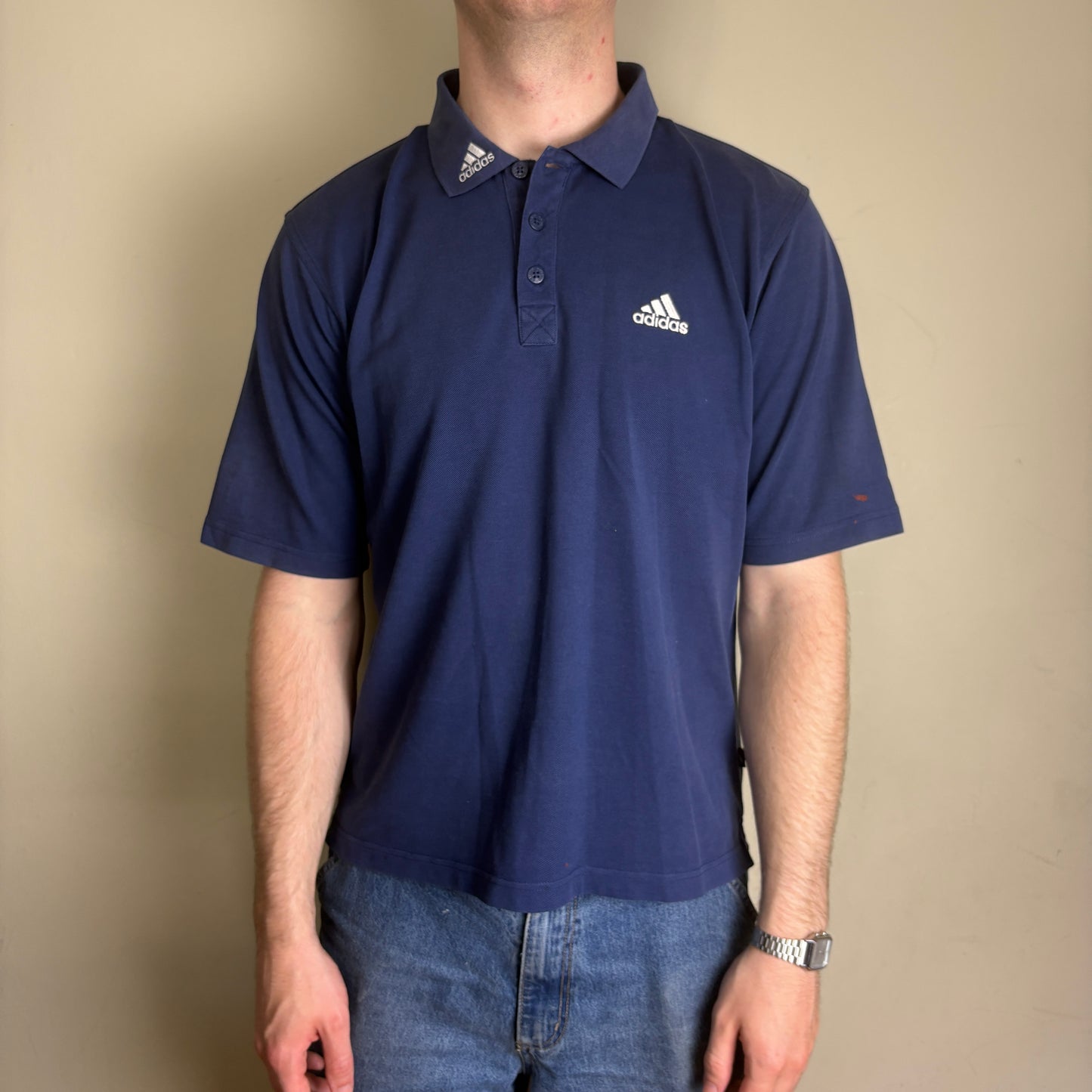 Vintage 90s Adidas Navy Blue Embroidered Polo Shirt - S