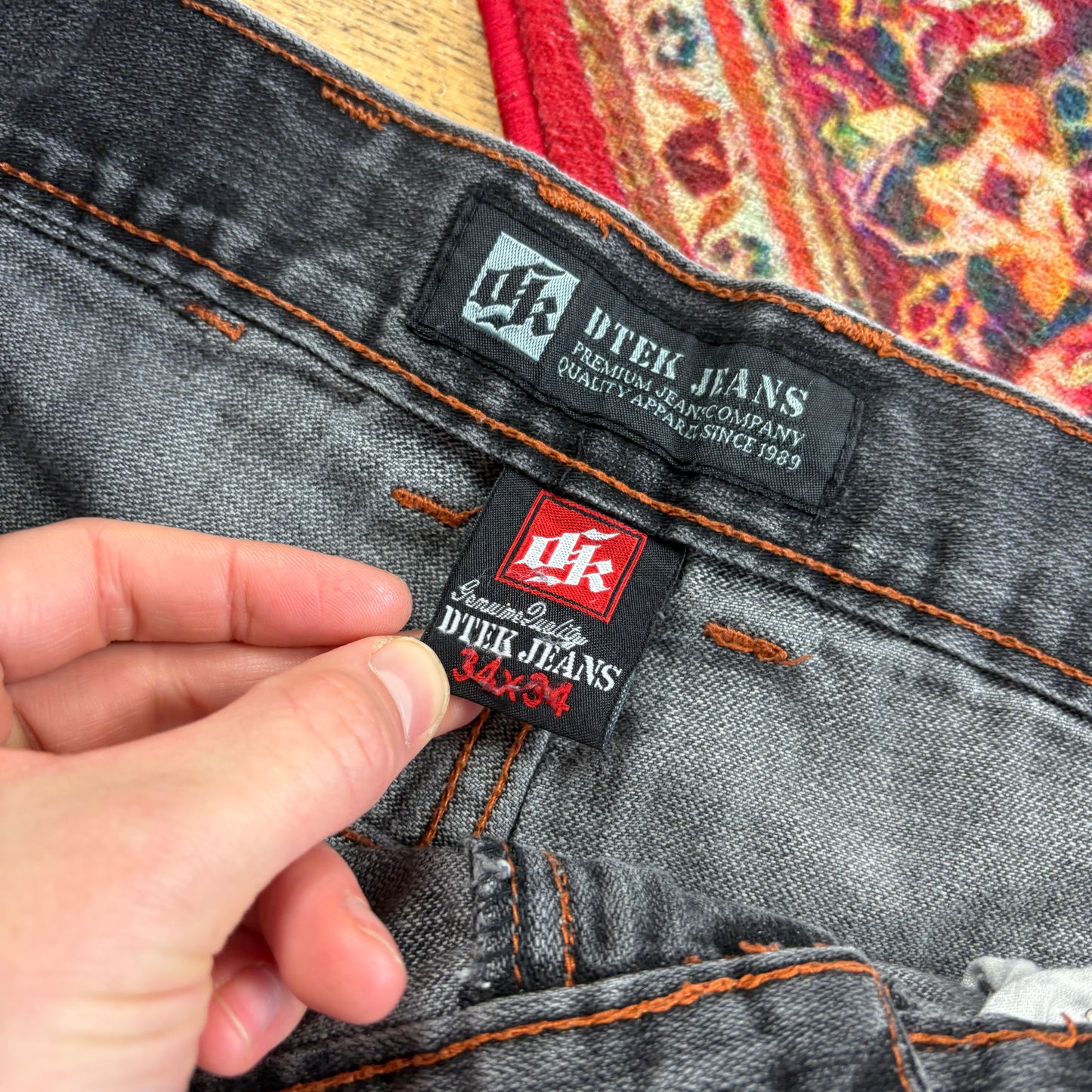 Vintage Dtek Faded Black Embroidered Y2K Hip Hop Baggy Jeans - 34