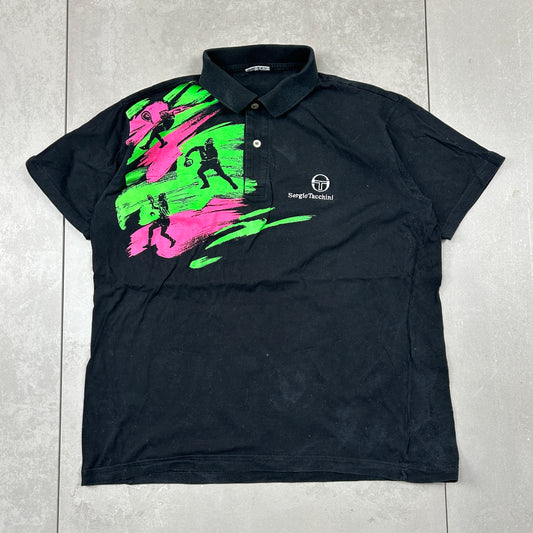 Vintage Sergio Tacchini Graphic Polo Tennis Black T-Shirt - M
