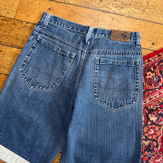 Vintage Raw Blue Embroidered Hip Hop Baggy Shorts Jorts - 34