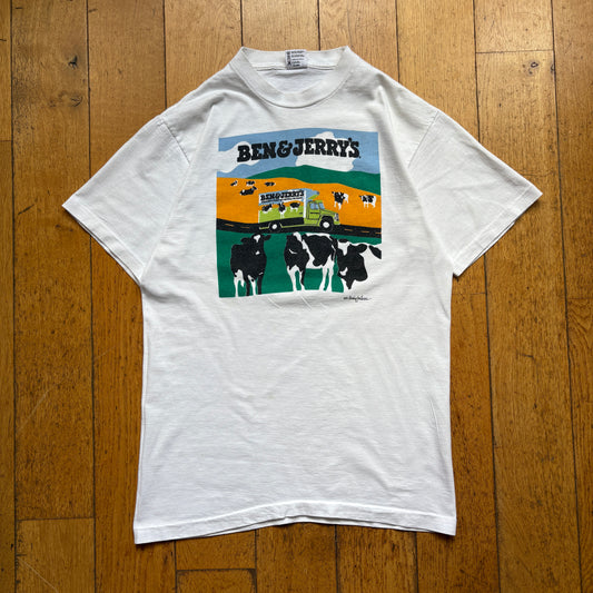 Vintage 1990 Ben and Jerrys Single Stitch White Graphic T-Shirt - S