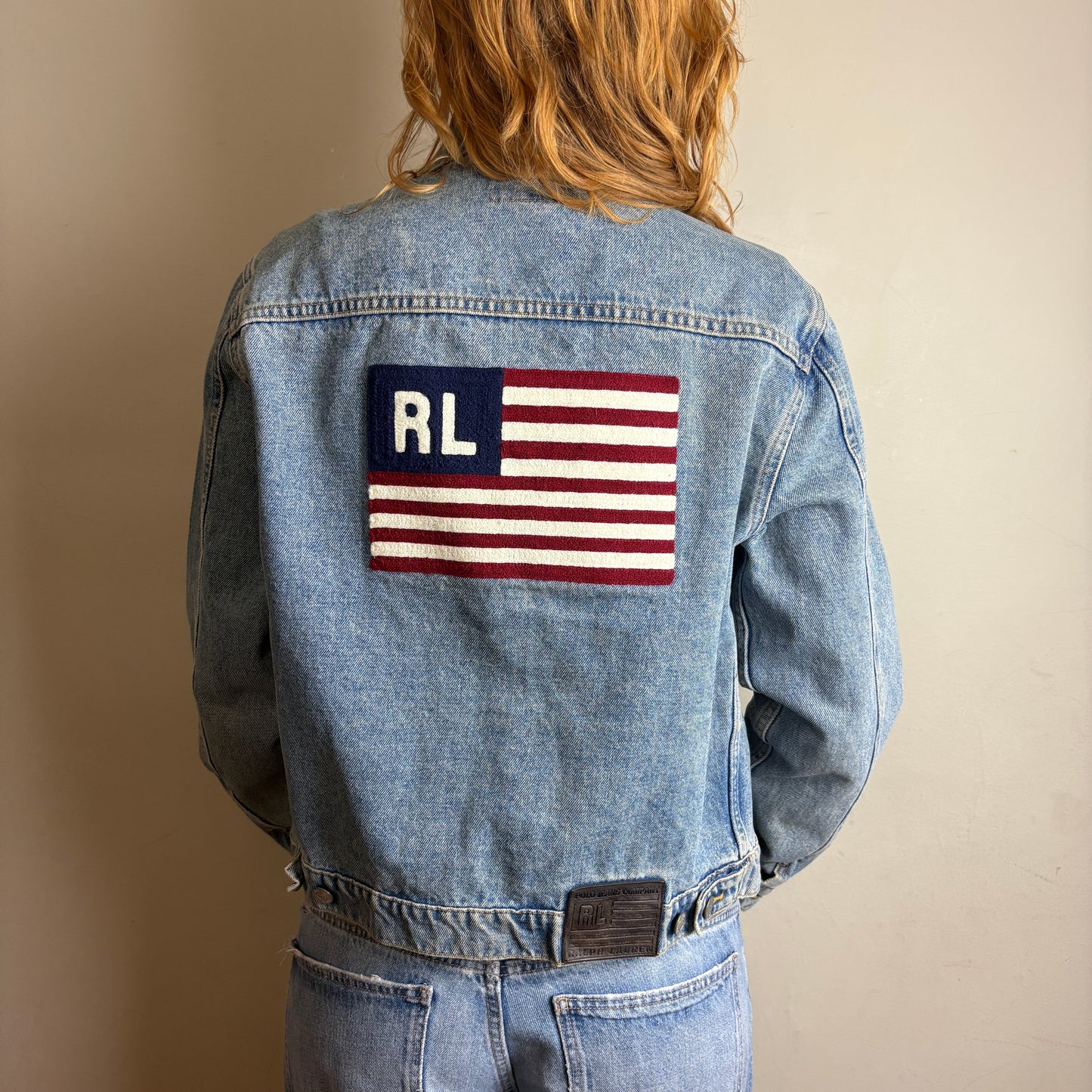 Vintage Ralph Lauren Polo Jeans Womens USA Flag Blue Denim Trucket Jacket - M