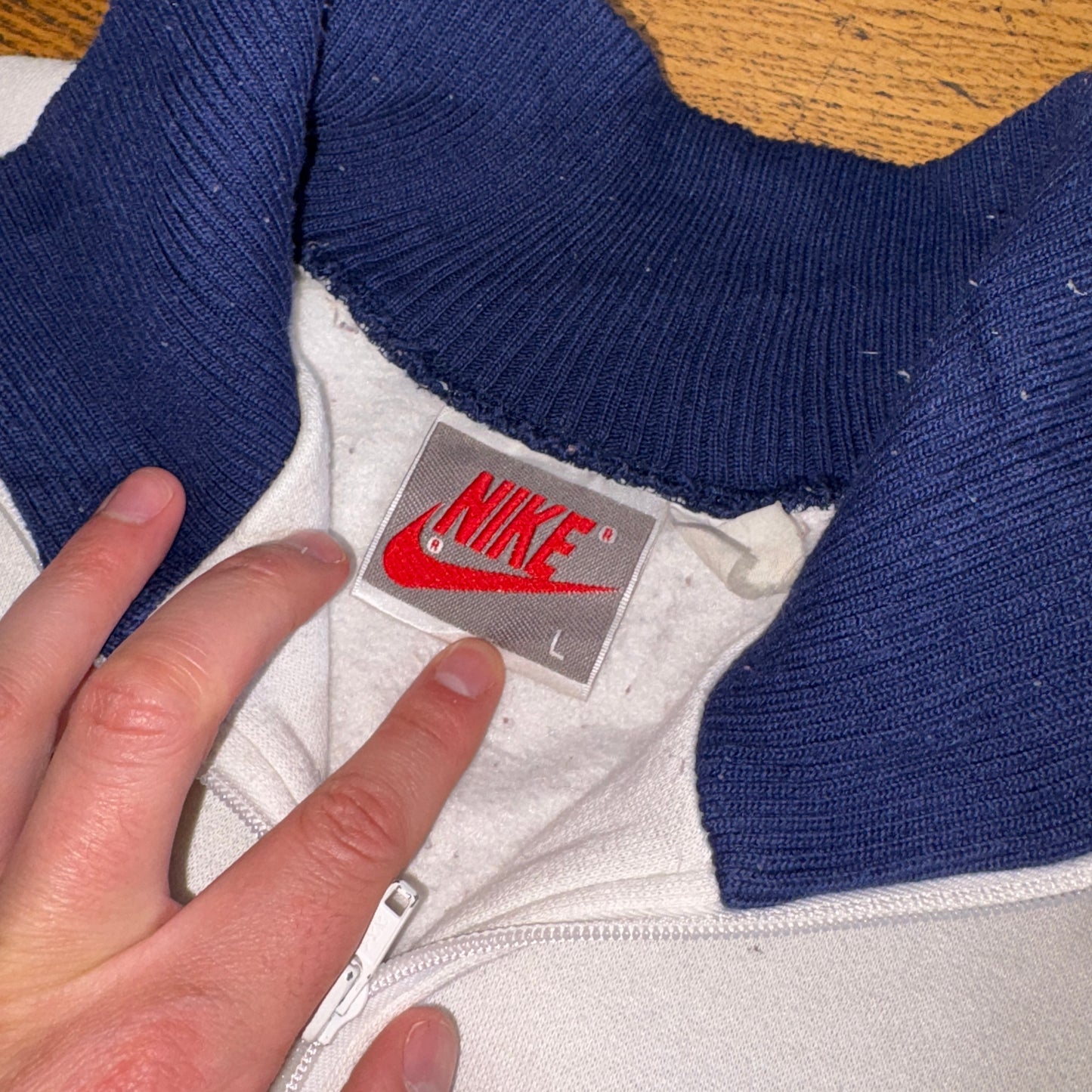 Vintage Nike Colour Block White Navy Zip Sweatshirt - L