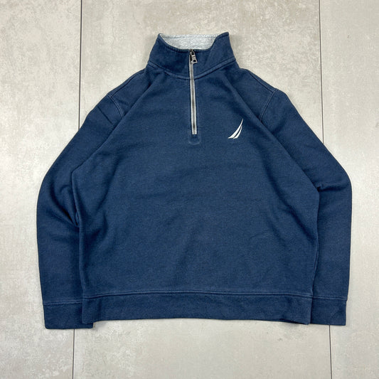 Vintage Nautica Embroidered Quarter Zip Blue Sweatshirt - M