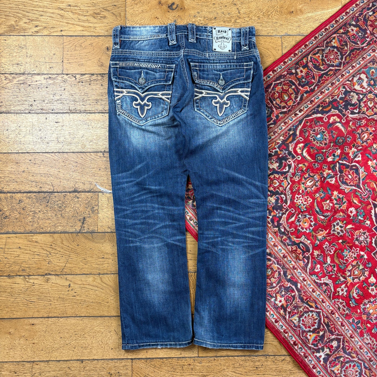 Vintage Rock Revival Blue Embroidered Y2K Hip Hop Straight Jeans - 36