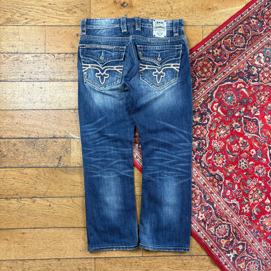 Vintage Rock Revival Blue Embroidered Y2K Hip Hop Straight Jeans - 36