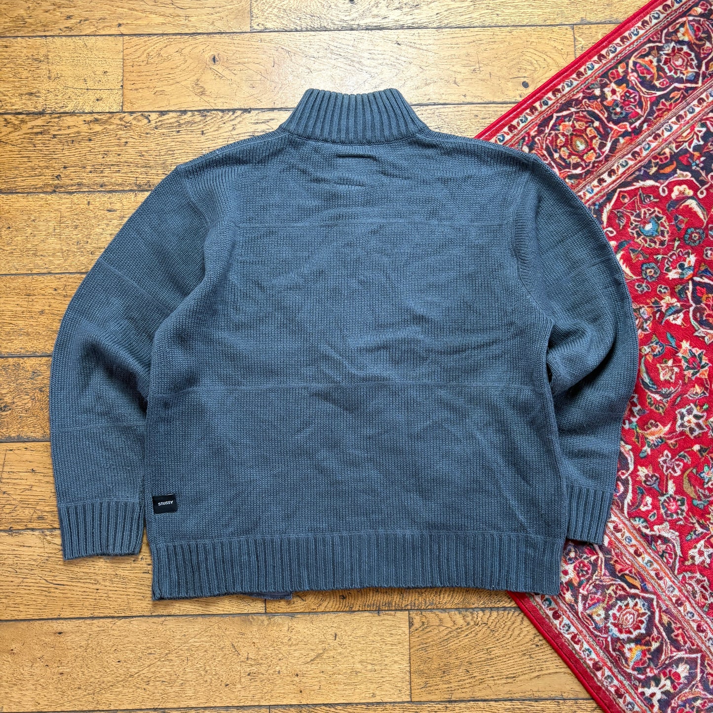 Vintage Stussy Grey Double Zip Chunky Knit Jumper - L