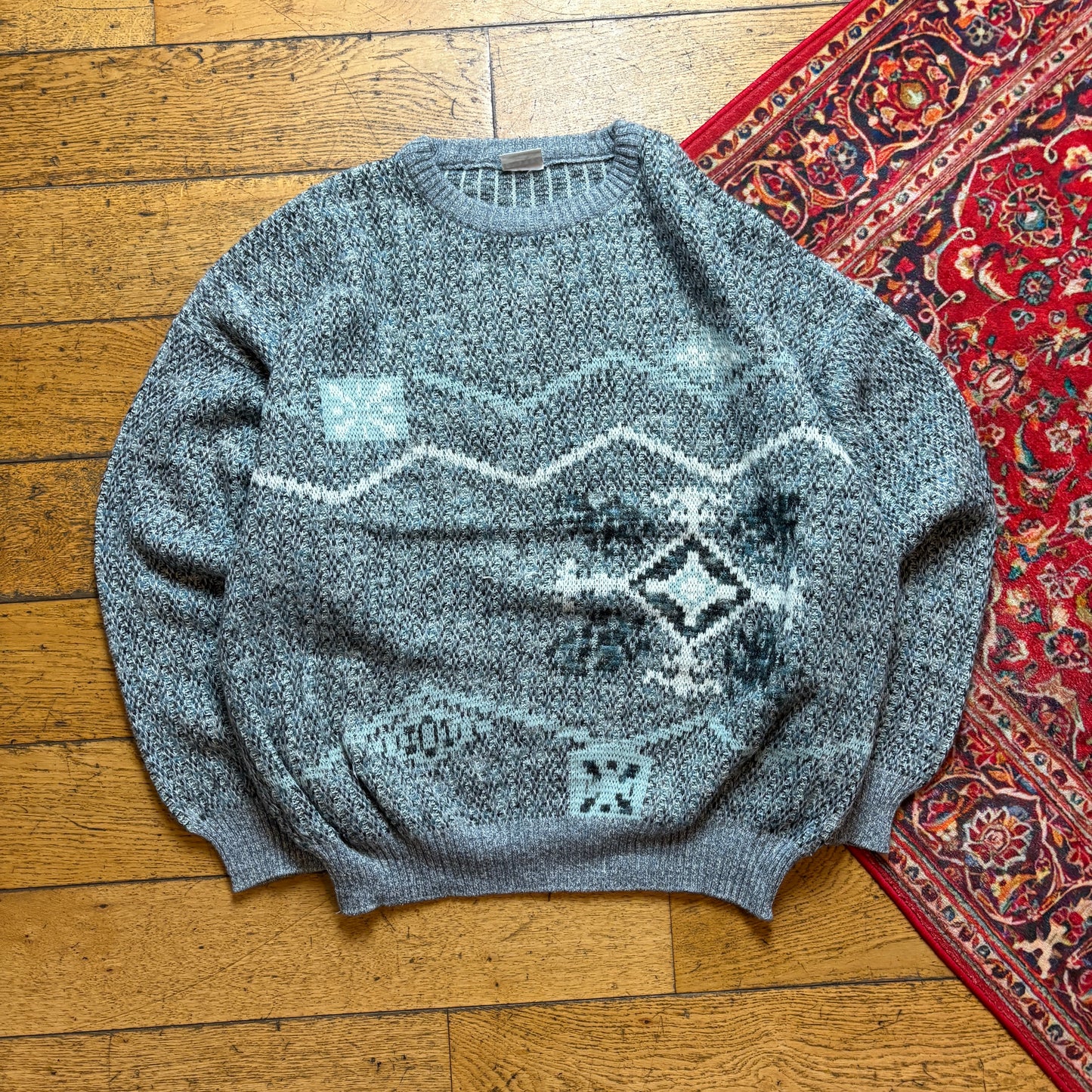 Vintage Blue Pattern Wool Chunky Knit Jumper - XL