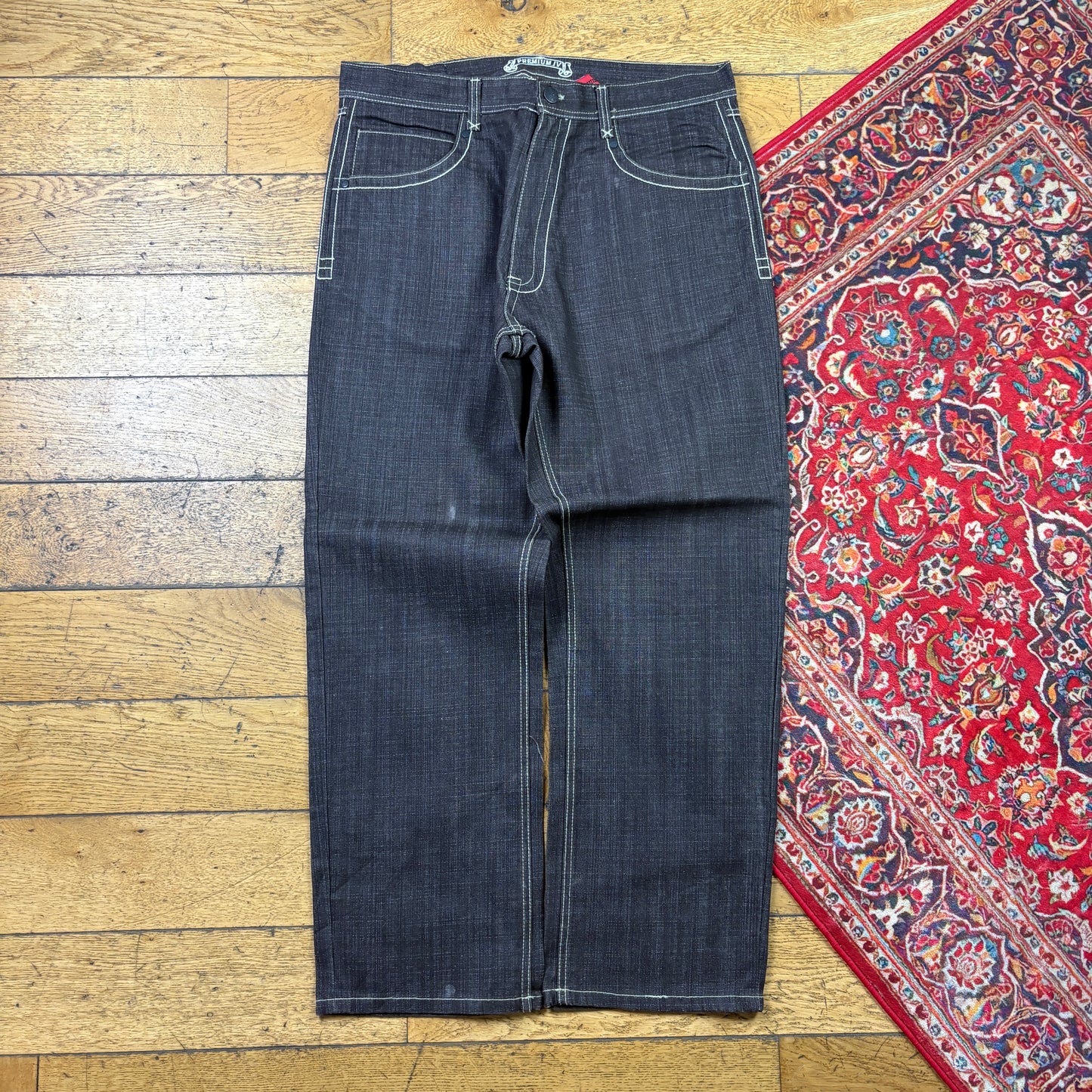 Vintage Brown Embroidered Y2K Hip Hop Baggy Jeans - 38