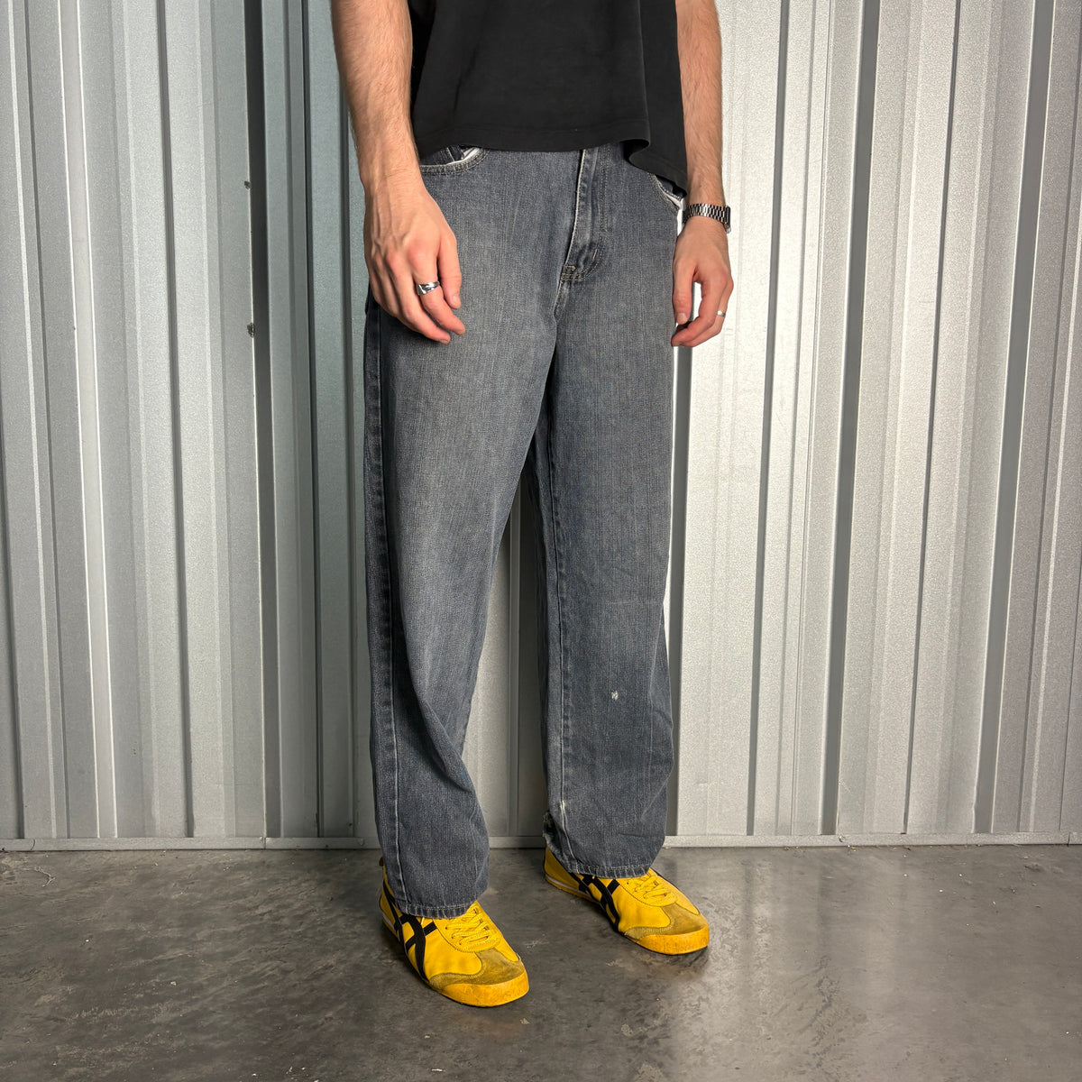 Embroidered Grey Blue Japanese Denim Hip Hop Y2K Baggy Jeans - 34S