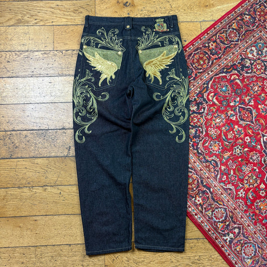 Vintage Black Gold Embroidered Y2K Hip Hop Baggy Jeans - 34
