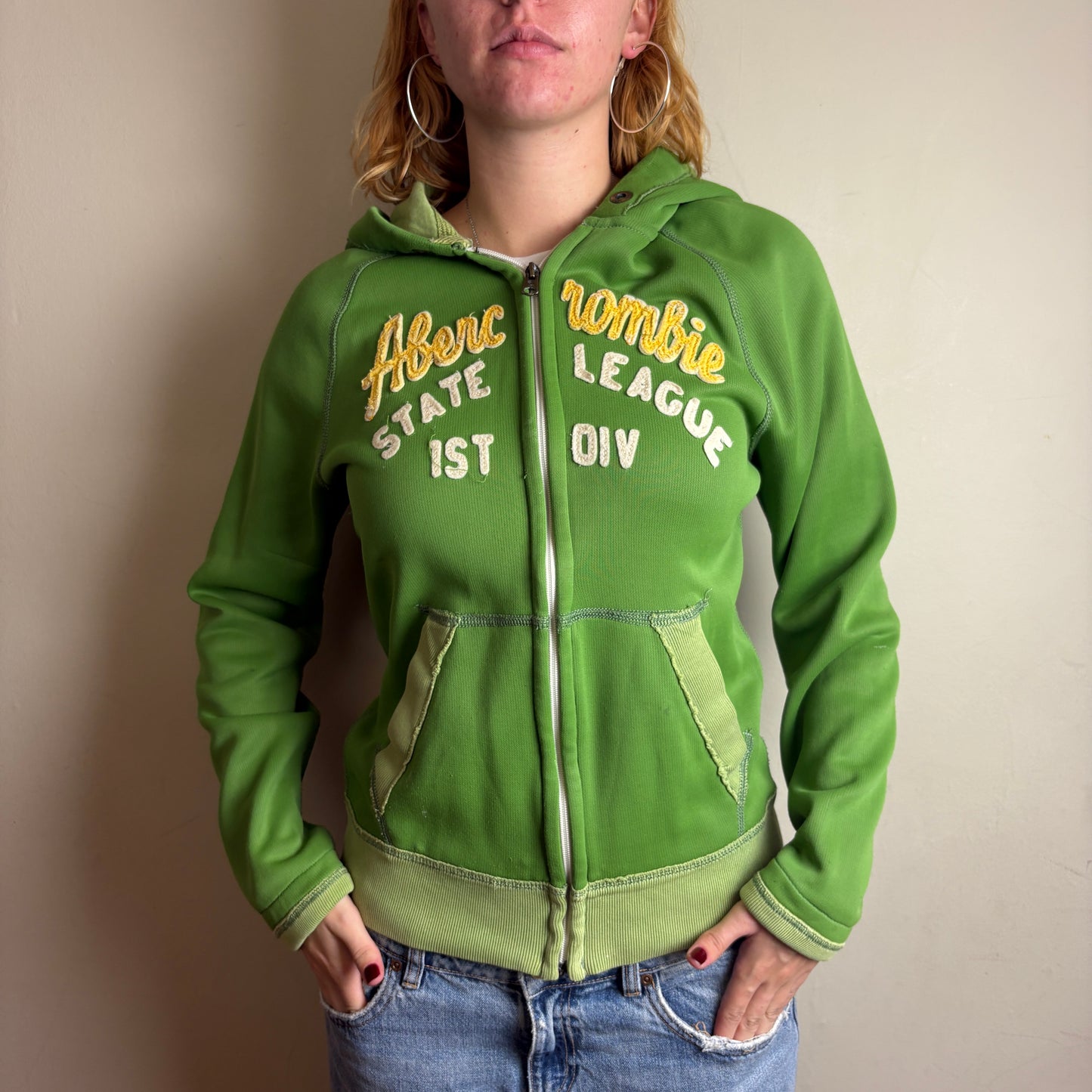 Vintage Abercrombie and Fitch Green Zip Hoodie Embroidered Sweatshirt - M