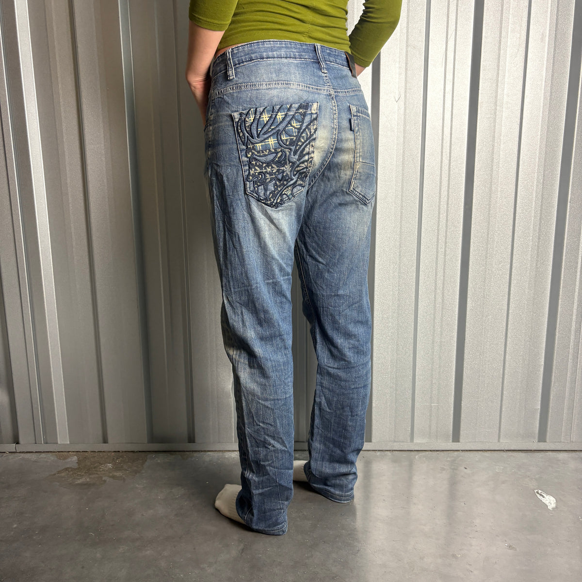 Embroidered Oniarai Blue Grunge Japanese Denim Hip Hop Y2K Baggy Jeans - 34S
