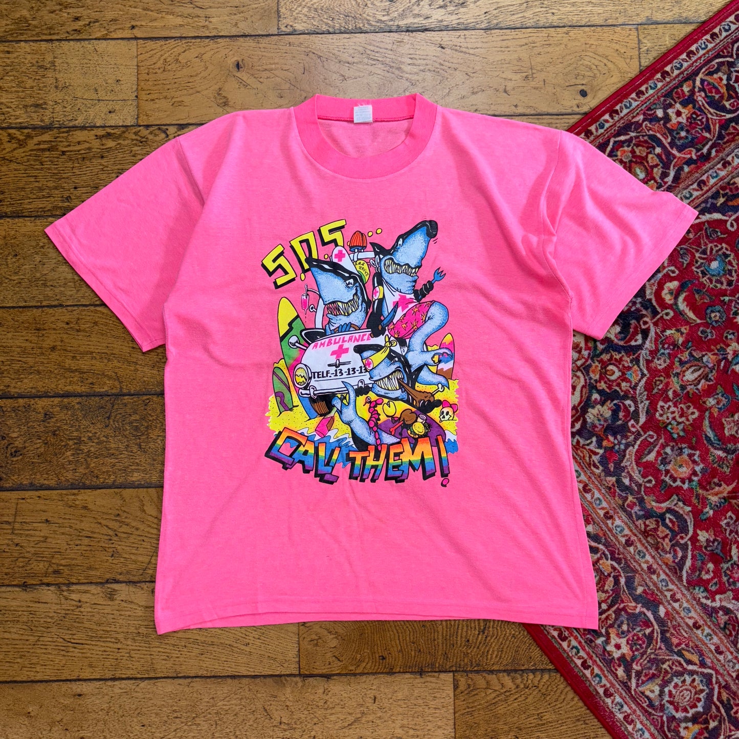Vintage Pink Shark Ambulance Rainbow Graphic T-Shirt - M