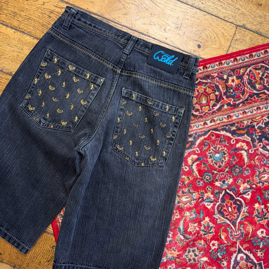 Vintage Black Y2K Hip Hop Baggy Jeans Shorts Jorts - 34
