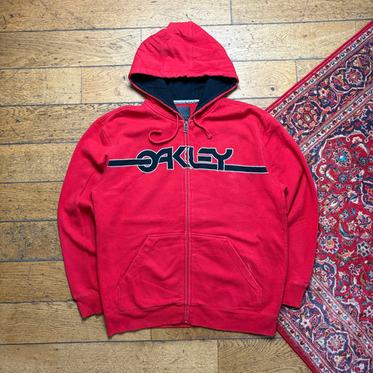 Vintage Oakley Red Embroidered Spellout Zip Hoodie Sweatshirt - XL