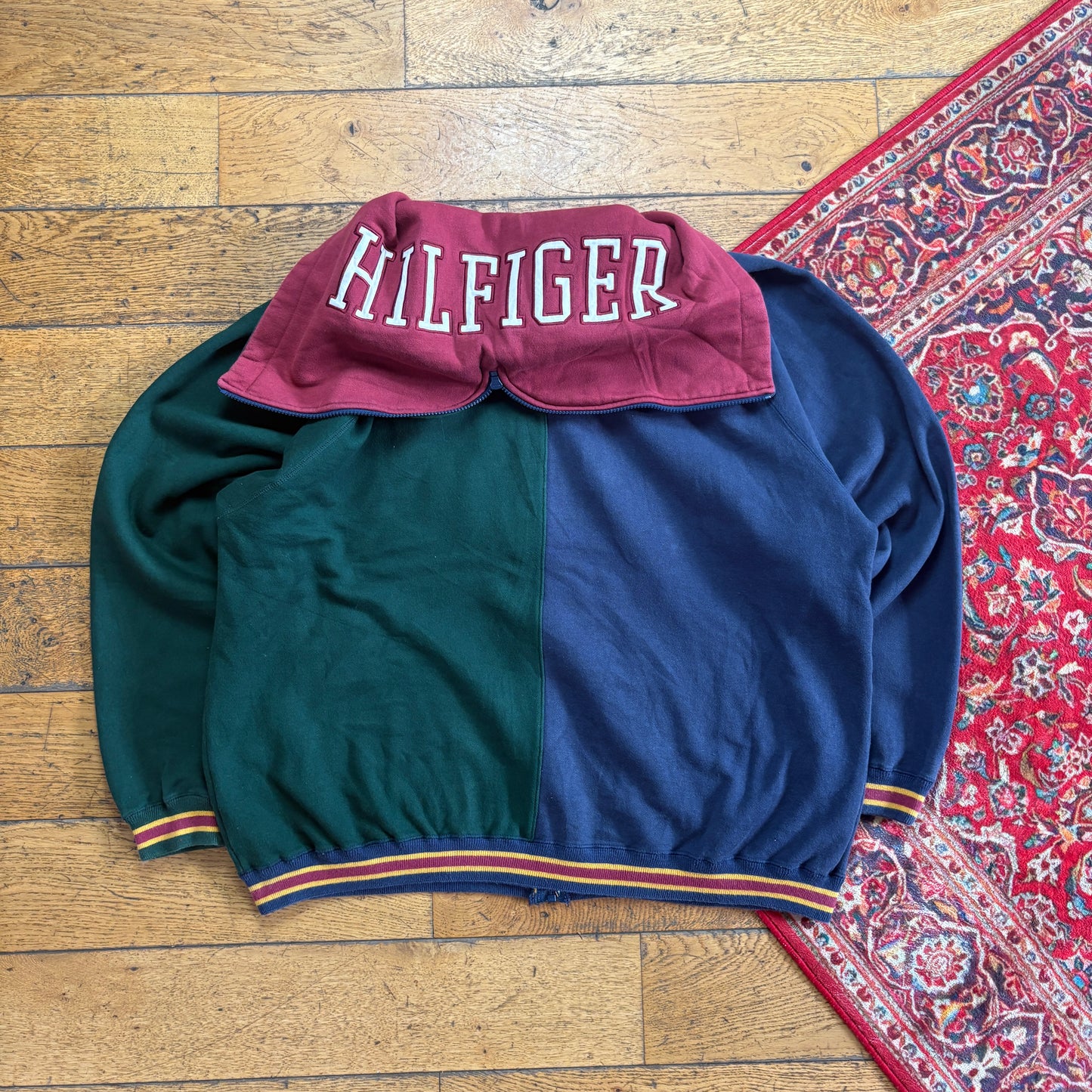 Vintage Tommy Hilfiger Navy Green Zip Hoodie Embroidered Sweatshirt - XL