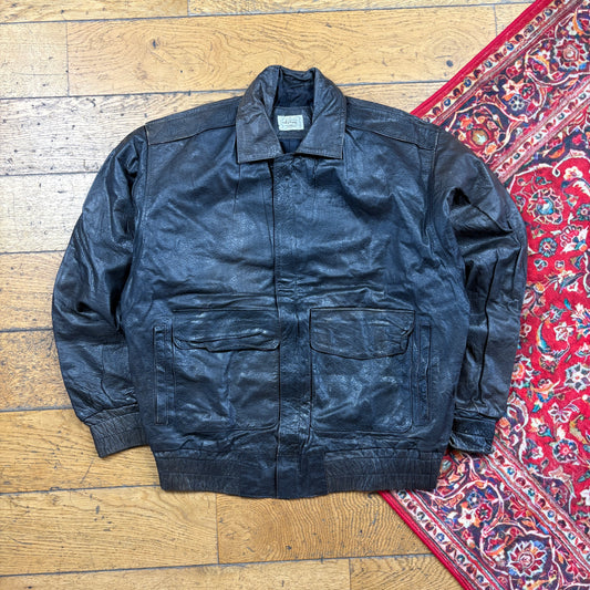 Vintage Bomber Aviator Dark Brown Black Leather Jacket - M