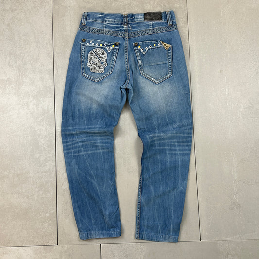 Vintage Skull Big Train Embroidered Straight Blue Japanese Denim Jeans - 32