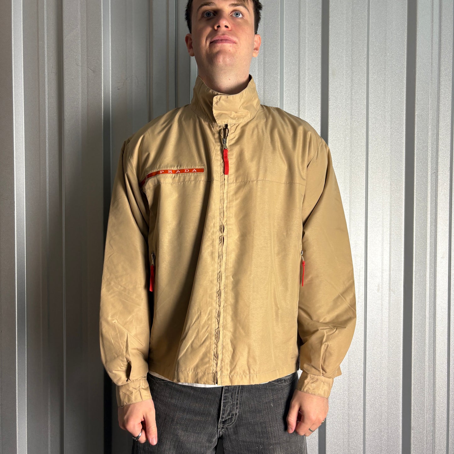 Vintage Prada Brown Cream 00s Funnel Neck Harrington Jacket - XL