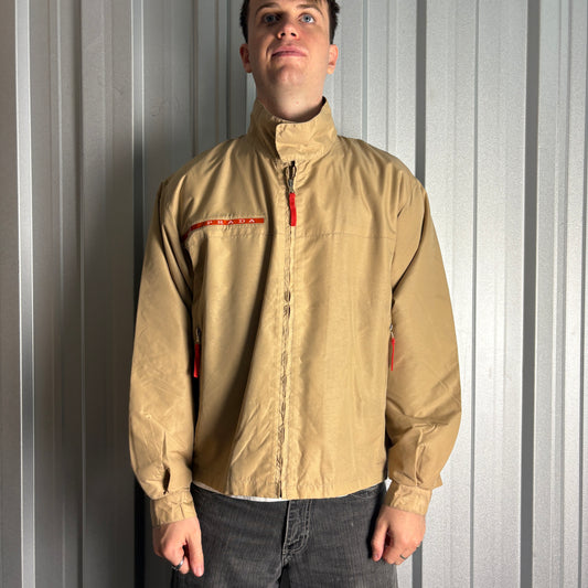 Vintage Prada Brown Cream 00s Funnel Neck Harrington Jacket - XL