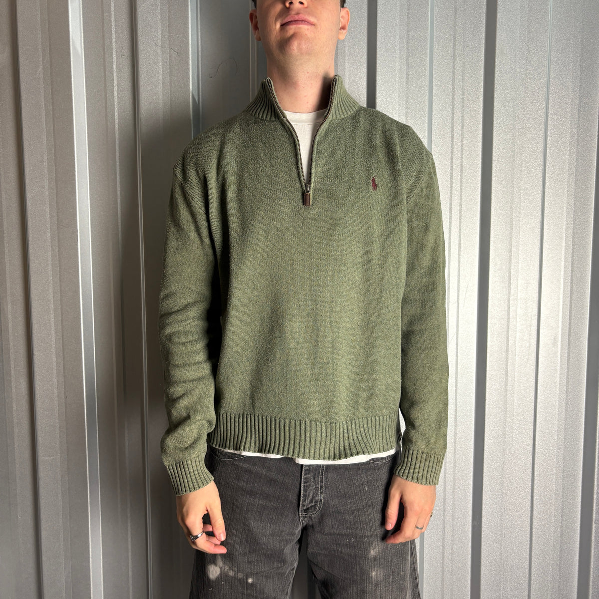 Vintage Ralph Lauren Green Quarter Zip Chunky Knit Jumper - L