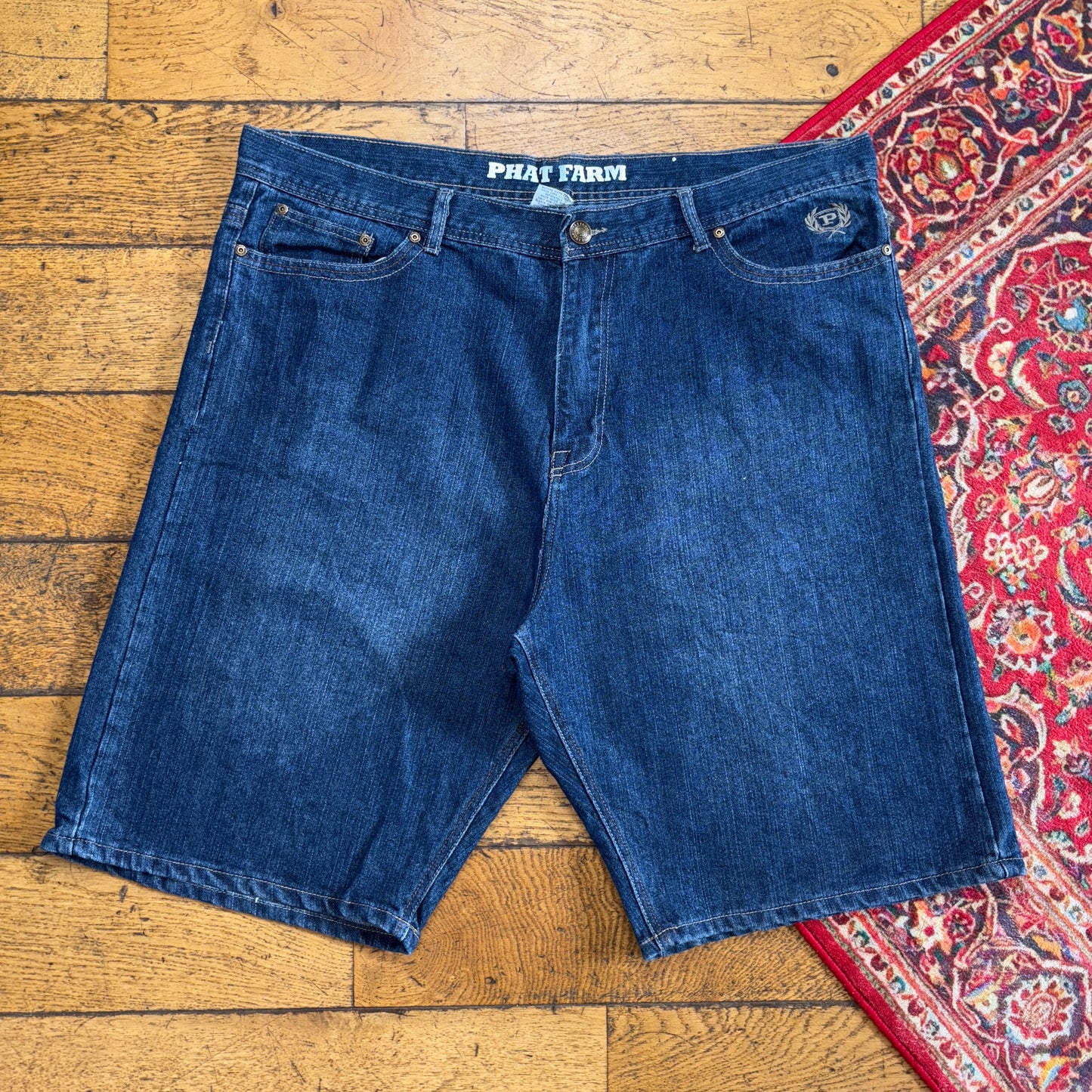 Vintage Phat Farm Blue Embroidered Y2K Hip Hop Baggy Jeans Shorts Jorts - 42