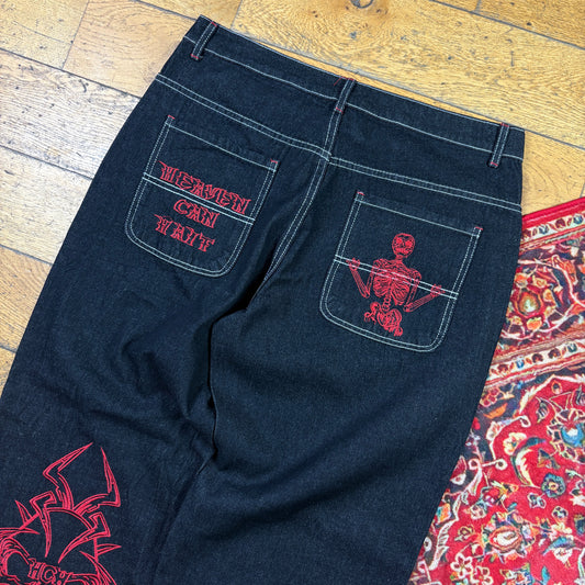 Vintage Black Embroidered Y2K Hip Hop Baggy Jeans - 36